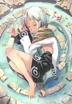  bad_id bad_pixiv_id barefoot copyright_request feathers feet inaba_taiju ponytail silver_hair sleeping solo water 