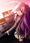  1girl animal_ears blazer bunny_ears headphones highres instrument jacket keyboard_(instrument) kirisame_marisa long_hair murasin pink_hair red_eyes reisen_udongein_inaba solo thighhighs touhou 