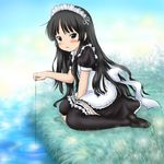  akiyama_mio alternate_costume apron bangs black_hair blue_eyes blunt_bangs blush dress enmaided garters grass hime_cut k-on! long_hair maid maid_headdress rokuroubuna solo tears thighhighs water zettai_ryouiki 