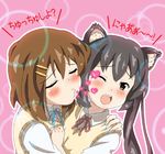  animal_ears bad_id bad_pixiv_id black_hair brown_eyes brown_hair cat_ears closed_eyes hair_ornament hairclip heart hirasawa_yui imminent_kiss k-on! kiss long_hair multiple_girls nakano_azusa neck_ribbon one_eye_closed open_mouth red_ribbon ribbon rozen5 school_uniform short_hair sweater_vest translated twintails yuri 