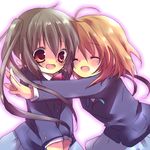  bad_id bad_pixiv_id black_hair brown_eyes brown_hair closed_eyes hirasawa_yui hug k-on! kosuzume long_hair multiple_girls nakano_azusa school_uniform short_hair surprised twintails 