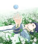  bad_id bad_pixiv_id blue_eyes blue_hair field flower flower_field grass hands headset kaito lying male_focus on_back planet scarf solo tamago_kakeouji vocaloid water 