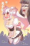  anger_vein angry apron bad_id bad_pixiv_id black_hair blush bow breasts cleavage embarrassed fujiwara_no_mokou hair_ribbon highres hime_cut houraisan_kaguya large_breasts long_hair maid maid_apron man_face multiple_girls open_mouth ponytail red_eyes ribbon silver_hair sunglasses takeda_kanryuusai tears thighhighs touhou 