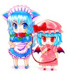  animal_ears bad_id bad_pixiv_id blue_eyes blue_hair braid chibi collar dog_ears dog_tail hairband hat izayoi_sakuya kemonomimi_mode kidanieru leash multiple_girls red_eyes remilia_scarlet short_hair tail touhou traditional_media twin_braids wings 