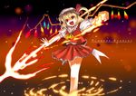  artist_request blonde_hair blush bow dress fang fire flandre_scarlet hat legs red_eyes ribbon short_hair side_ponytail skirt solo touhou vampire weapon wings 
