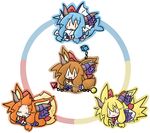  animal_ears blonde_hair blue_hair brown_hair chain chibi costume eevee fang flareon gen_1_pokemon horns ibuki_suika jolteon long_hair multiple_girls orange_hair parody pokemon pokemon_(creature) tail touhou vaporeon yanagi_(nurikoboshi) |_| 