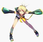  bent_over blonde_hair detached_sleeves hair_ornament hair_ribbon hairclip happy kagamine_rin leg_warmers ribbon short_hair solo tsujisaki_(coa3) vocaloid 