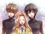  2boys ashford_academy_uniform black_hair brown_hair closed_eyes code_geass green_eyes isumimax kururugi_suzaku lelouch_lamperouge long_hair multiple_boys nunnally_lamperouge purple_eyes school_uniform short_hair 