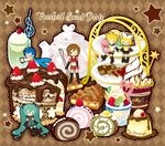  3girls aqua_eyes aqua_hair banana_slice blonde_hair blue_eyes blue_hair brown_hair cake checkerboard_cookie cherry cookie food fork fruit hair_ornament hair_ribbon hairclip hatsune_miku ice_cream ice_cream_float jimou.yu kagamine_len kagamine_rin kaito kiwifruit long_hair macaron meiko multiple_boys multiple_girls one_eye_closed parfait pastry pie pudding ribbon short_hair smile strawberry swiss_roll tea tea_kettle tiered_tray twintails vocaloid 