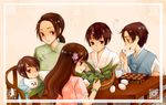  4boys artist_request axis_powers_hetalia baby basket bib blush bracelet brown_hair chair china_(hetalia) eating egg expressionless food_request highres hong_kong_(hetalia) indoors japan_(hetalia) jewelry korea_(hetalia) leaf long_hair multiple_boys open_mouth plant short_hair smile table taiwan_(hetalia) upper_body 