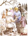  3boys 5girls armor artist_name bare_tree basket berserk black_hair blonde_hair cape casca comic copyright_name evarella fairy fantasy farnese green_hair guts house isidro ivalera kentaro_miura long_hair manga minigirl miura_kentarou multiple_boys multiple_girls orange_hair outdoors running schierke serpico short_hair sitting staff stool tree witch_hat 