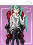  aqua_eyes aqua_hair black_legwear casual crossed_legs gou_(double_trigger) hatsune_miku long_hair necktie necktie_removed sitting solo thighhighs twintails vocaloid zettai_ryouiki 