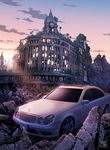  car clock cloud ginza_(tokyo) ginza_wako ground_vehicle highres landmark mercedes-benz motor_vehicle no_humans original overgrown ruins scenery sky tokyo_(city) tokyogenso 