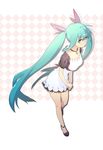  :&lt; ahoge aqua_eyes aqua_hair argyle argyle_background dress flower hair_ribbon hatsune_miku jewelry karpin long_hair necklace pout ribbon rose shoes solo twintails very_long_hair vocaloid world_is_mine_(vocaloid) 