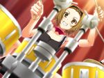  brown_eyes brown_hair cymbals drum drum_set drumsticks dutch_angle frills fuwafuwa_time grin hairband instrument k-on! miyai_sen short_hair smile solo tainaka_ritsu tomboy 