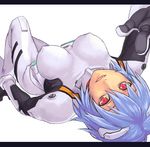  ayanami_rei blue_hair bodysuit breasts cleavage covered_nipples large_breasts letterboxed looking_at_viewer lying neon_genesis_evangelion on_back parted_lips plugsuit red_eyes simple_background solo upside-down white_background white_bodysuit yuuji_(and) 