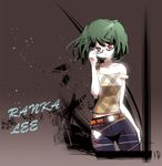  adjusting_eyewear alternate_costume bad_id bad_pixiv_id bare_shoulders belt bespectacled collarbone contemporary ddal glasses green_hair hair_ornament hairclip macross macross_frontier ranka_lee red_eyes short_hair solo strap_slip twintails 