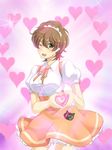  bad_id bad_pixiv_id breasts code_geass frills genderswap genderswap_(mtf) green_eyes heart heart_hands isumimax large_breasts maid_headdress moe_moe_kyun! one_eye_closed parody solo suzako waitress 