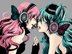  aqua_nails bad_id bad_pixiv_id butterfly_wings dress face-to-face fingerless_gloves gloves green_eyes green_hair hat hatsune_miku headphones holding_hands long_hair magnet_(vocaloid) megurine_luka mini_hat mini_top_hat multiple_girls nagi_kanako nail_polish open_mouth pink_hair top_hat vocaloid wings yuri 