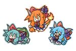  =_= blue_hair bow bulbasaur charmander chibi fang fire gen_1_pokemon horns ibuki_suika long_hair low-tied_long_hair multiple_girls orange_hair pokemon pokemon_(creature) squirtle tail touhou yanagi_(nurikoboshi) |_| 