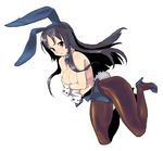  akiyama_mio angry animal_ears black_eyes black_hair breast_hold breasts bunny_ears bunnysuit covering k-on! large_breasts pantyhose poporon solo wardrobe_malfunction 