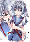  blue_skirt glasses kita_high_school_uniform multiple_views nagato_yuki school_uniform serafuku shiranagi short_hair silver_hair skirt suzumiya_haruhi_no_yuuutsu yellow_eyes 