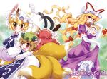  animal_ears blonde_hair blush breasts brown_hair cat_ears cat_tail chen cleavage earrings elbow_gloves fox_ears fox_tail gloves hair_ribbon hat highres ikuta_takanon jewelry large_breasts long_hair multiple_girls multiple_tails purple_eyes red_eyes ribbon short_hair tail touhou yakumo_ran yakumo_yukari yellow_eyes 