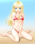 akemi_(crusher) alfin barefoot bikini blonde_hair blue_eyes crusher_joe kneeling long_hair sand solo swimsuit 