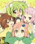  =_= bad_id bad_pixiv_id blush brown_hair embarrassed green_hair happy hug kl-chan long_hair maruki_(punchiki) mono_(character) multiple_girls original pink_hair punchiki_(character) short_hair tooi-chan 