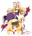  :3 animal_ears blonde_hair breasts brown_hair cat_ears chen cleavage closed_eyes earrings fox_tail gap hair_ribbon hat heart jewelry kurot long_hair medium_breasts multiple_girls multiple_tails purple_eyes ribbon short_hair smile tail tail_hug touhou yakumo_ran yakumo_yukari yellow_eyes 