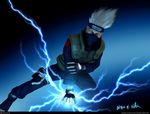  3d blue_background dated electricity fabio_m._silva fighting_stance flak_jacket forehead_protector gradient gradient_background hatake_kakashi highres konohagakure_symbol leaning_forward looking_at_viewer male_focus mask naruto naruto_(series) ninja outstretched_arm realistic signature silver_hair simple_background solo squatting 