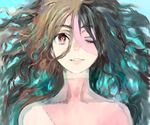  black_hair brown_hair copyright_request long_hair scar smile solo stitches toi8 water 