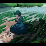  hair_bobbles hair_ornament kawashiro_nitori kneeling letterboxed partially_submerged scenery shade sitting smile solo takuzui touhou twintails water 