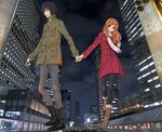  1girl boots cityscape coat higashi_no_eden holding_hands hyaku morimi_saki night night_sky photo_background scarf sky takizawa_akira 
