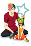  1girl barefoot beans black_hair blush child collarbone double_bun dress father_and_daughter green_eyes green_hair jojo_no_kimyou_na_bouken kuujou_jolyne kuujou_joutarou mamemaki mask no_hat no_headwear nohko oni open_mouth pants setsubun shirt sitting socks spread_legs star stone_ocean strap_slip sundress sweatdrop t-shirt tears younger 