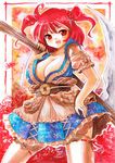  acrylic_paint_(medium) bad_id bad_pixiv_id breasts cleavage kidanieru large_breasts marker_(medium) onozuka_komachi red_eyes red_hair scythe short_hair solo thighhighs touhou traditional_media two_side_up watercolor_(medium) 