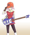  artist_request bass_guitar boots flcl gloves goggles haruhara_haruko helmet instrument pink_hair scarf short_hair smile solo yellow_eyes 