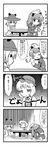  :&lt; aki_minoriko backpack bag comic empty_eyes eyes greyscale hat highres iwatobi_hiro kawashiro_nitori monochrome moriya_suwako multiple_girls short_hair touhou translated twintails 