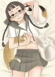  black_eyes blush braid brown_hair cat copyright_request glasses long_hair luna2 lying midriff mole mole_on_body navel school_uniform skirt solo twin_braids 