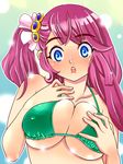  bikini blue_eyes blush breast_suppress breasts covered_nipples derivative_work large_breasts long_hair one_side_up original pink_hair solo swimsuit tsuutenkaaku underboob 