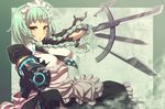  android bad_id bad_pixiv_id between_breasts blade braid breasts gatling_gun green_hair gun is_ii large_breasts long_hair maid maid_headdress necktie original solo twin_braids twintails weapon yellow_eyes 