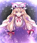  bad_id bad_pixiv_id blonde_hair breasts cleavage hair_ribbon hat large_breasts long_hair purple_eyes ribbon solo touhou yakumo_yukari yukibina 