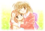  brown_eyes brown_hair chunpai clannad girl_from_the_illusionary_world hug ibuki_fuuko long_hair multiple_girls one_eye_closed 