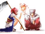  cigarette fire fujiwara_no_mokou multiple_girls onozuka_komachi red_eyes red_hair scythe silver_hair smoking squatting tobisawa touhou 