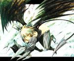  armor blonde_hair claws demon_tail demon_wings green_eyes highres horns kotoba_noriaki original short_hair smile solo tail wings 