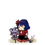  animal_ears basket blue_hair bullying chibi grey_hair hair_ornament leaf_hair_ornament mouse mouse_ears mouse_tail multiple_girls nazrin rope short_hair simple_background socha tail touhou unconscious yasaka_kanako 