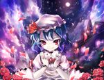  black_nails blue_hair bracelet choker eyelashes flower full_moon hat jewelry looking_at_viewer moon nail_polish night night_sky petals red_eyes red_flower red_rose remilia_scarlet rose rose_petals scarlet_devil_mansion sho_(runatic_moon) short_hair sky solo touhou tsurime upper_body 