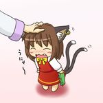  :3 ^_^ animal_ears blush brown_hair cat_ears cat_tail chen chibi closed_eyes dress earrings fang happy hat hat_removed headwear_removed jewelry multiple_tails nyan out_of_frame petting smile solo_focus tail tail_wagging touhou yunkaasu_(kakushiaji) 