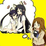  akiyama_mio animal_ears bad_id bad_pixiv_id bangs black_eyes black_hair blunt_bangs blush book brown_eyes brown_hair cat_ears dreaming glasses hime_cut k-on! kneehighs long_hair multiple_girls nakano_azusa o_o pointing pun2 school_uniform shirt socks twintails yamanaka_sawako 