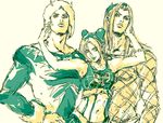  2boys armpits arms_up double_bun fabulous fur green_lipstick hat horns jojo_no_kimyou_na_bouken kuujou_jolyne lipstick long_hair makeup midriff multiple_boys narciso_anasui navel reine_(artist) sketch stone_ocean weather_report 